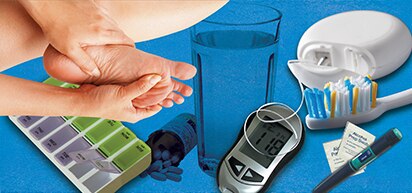 Diabetic daily self-care tools and practices, including foot care, medications, blood glucose monitoring, hydration, and oral care